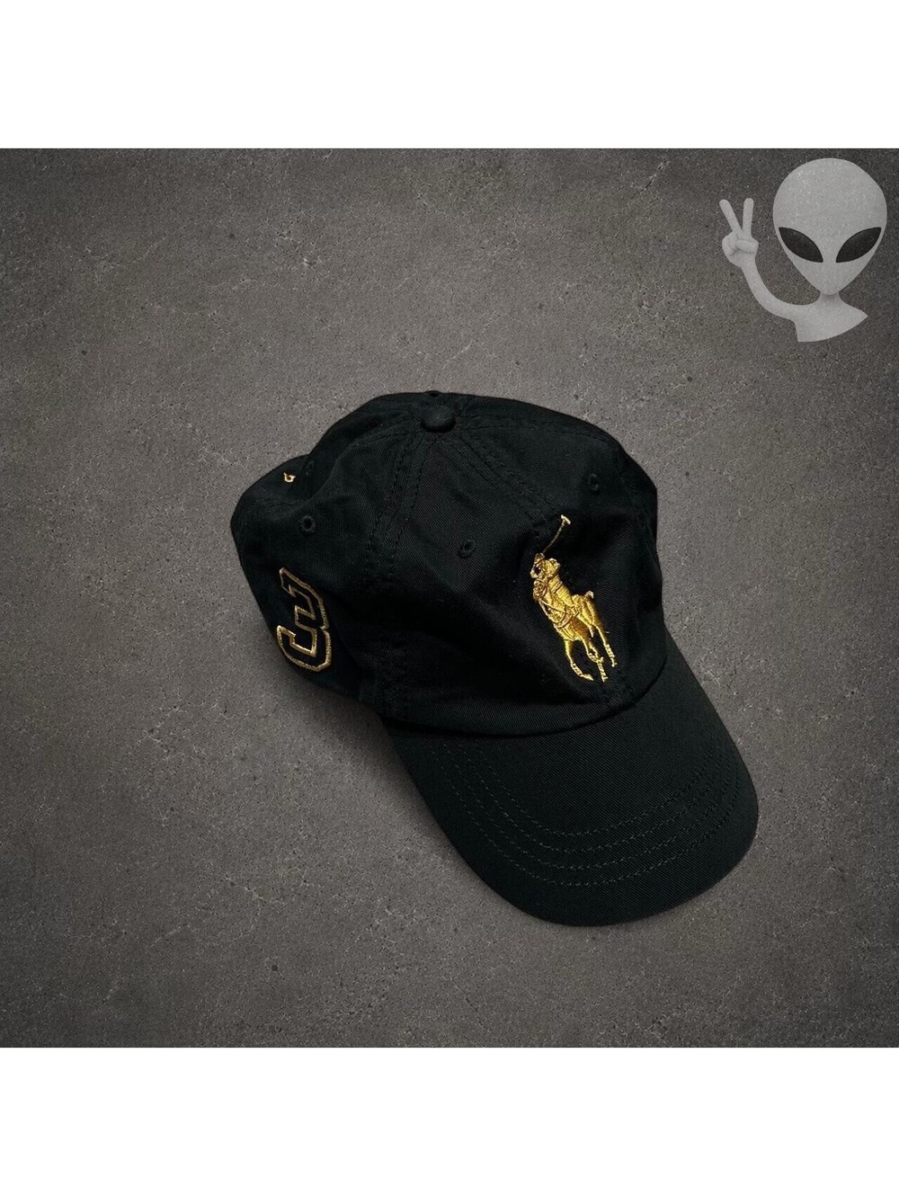 Polo Ralph Lauren Big Pony 3 Strapback Baseball Hat Cap Black Gold Cotton